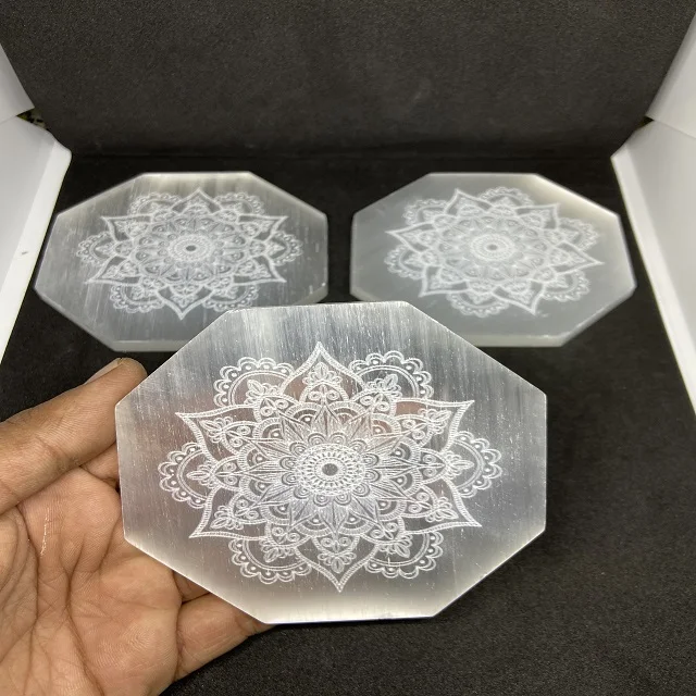 3 Inch King Agate Selenite Charging Crystal Meditation Plate Semi-Precious Stone Carved Feng Shui Cleansing Tool Engraved Design