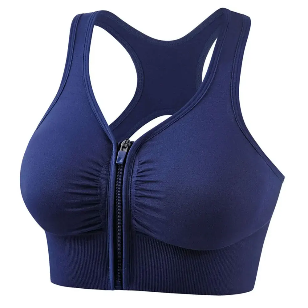 High Support Zip Front Sports Bra Ladies Front Zipper Yoga Bra Top Nylon Spandex Breathable Fitness Bra Solid Pattern Adult Size