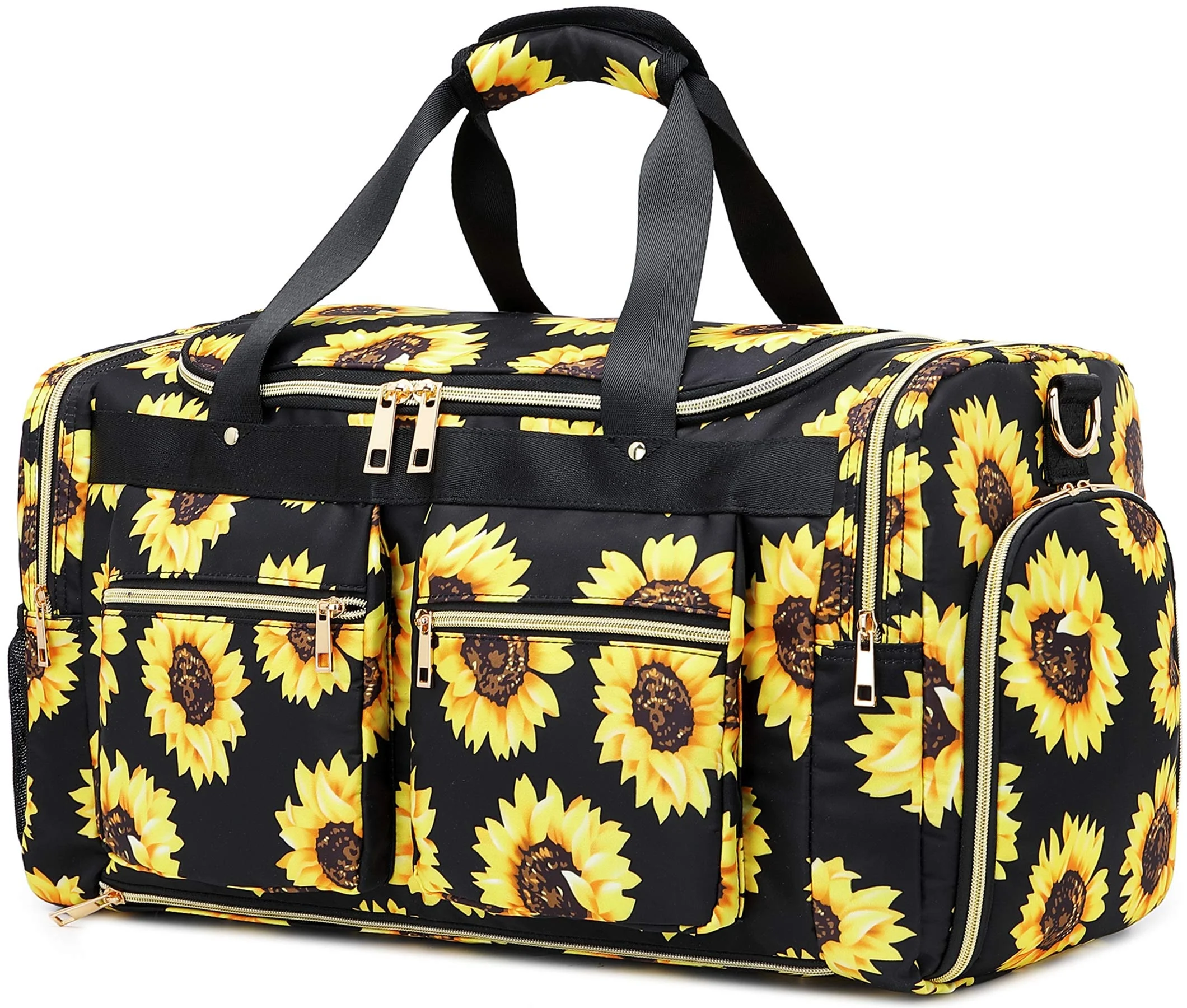 Weekender Overnight Duffel Bag Shoe Pocket for Women Men Weekend Travel Tote Carry On Bag (Sunflower Black) Travel Bag