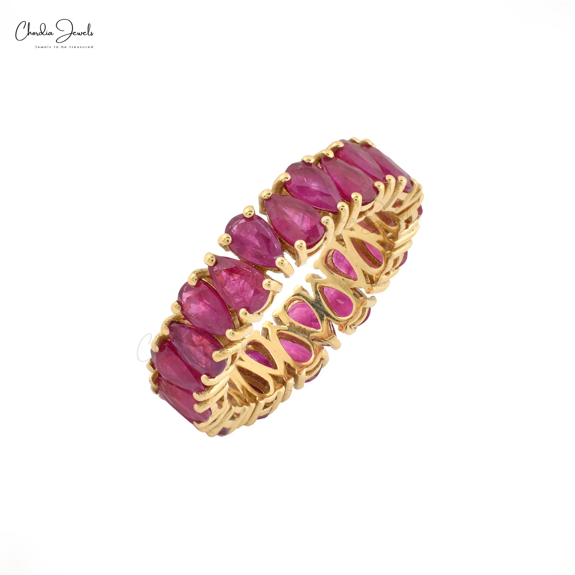 Natural Red Ruby Eternity Ring 5x3mm Pear Shaped Precious Gemstone Jewelry Solid 14K Yellow Gold Modern Band Rings For Women