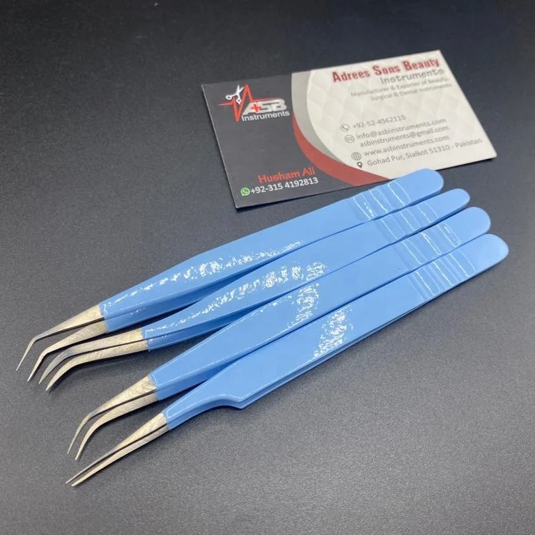 Baby Blue Custom Logo Eyelash Extension Tweezers Sustainable Stainless Steel Hand-Tested Powder Coated Pointed Volume Lash Tweezers