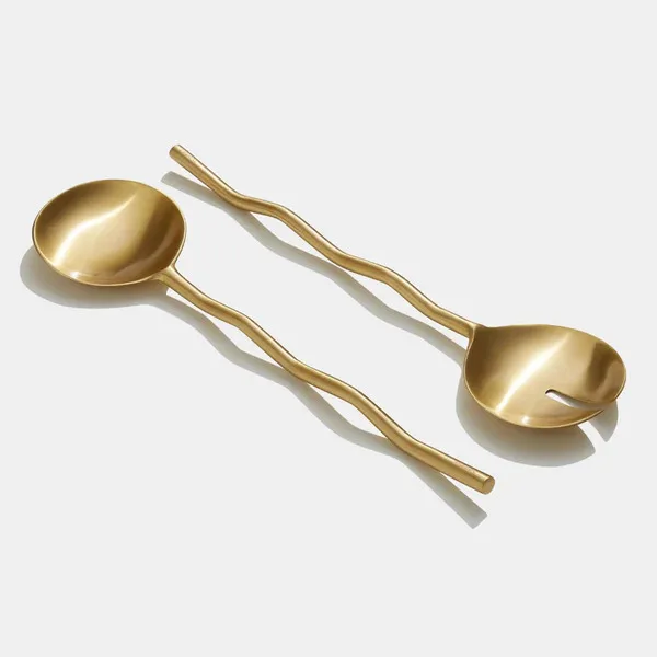 Hot Selling Metal Salad Server Spoon & Fork Set with Curve Design Handle For Restaurant Use Gold Salad Server Sets
