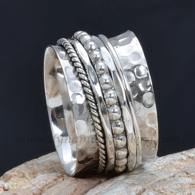 Beautiful Hammer Band Ring 925 Sterling Silver Spinner Ring Stress Free Wholesale 925 Sterling Silver Meditation Spinner Ring