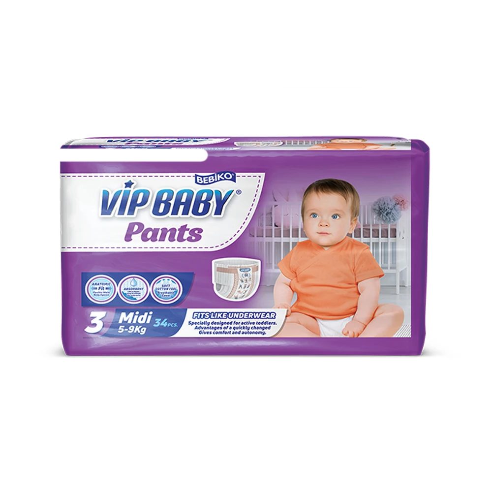 Bulk Supplier Organic 5 To 9 kg 34 PCS VIP Baby Pants Diaper Super Absorbing Midi Baby Diaper at Good Price