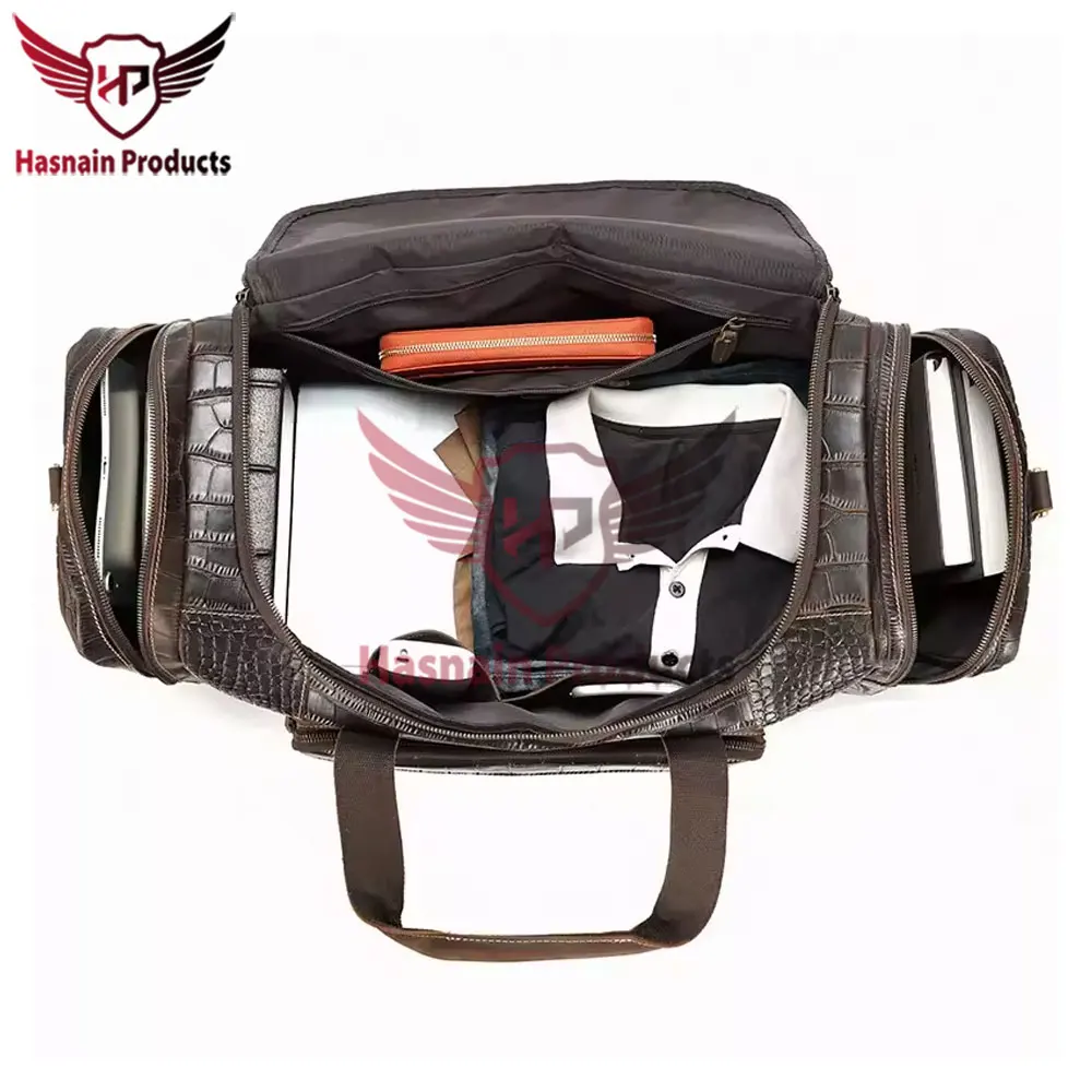 Premium OEM Custom Alligator Print Crocodile Pattern Genuine Real Leather Garment Overnight Weekend Travel Bags Duffel Bag