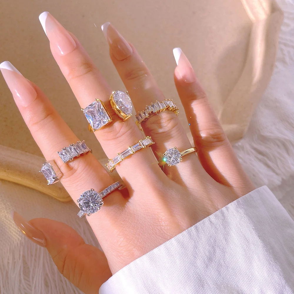 Luxury Ring Jewelry 18K Gold Plated Open Style Statement Cubic Zirconia Eternity Ring for Women Gift