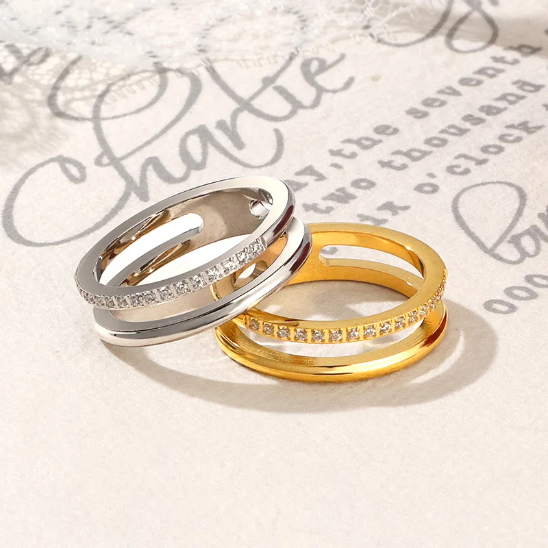 Fenyi wholesale jewelry fashion men and women 18K PVD gold-plated double-layer zircon couple rings not easy to oxidize jewelry