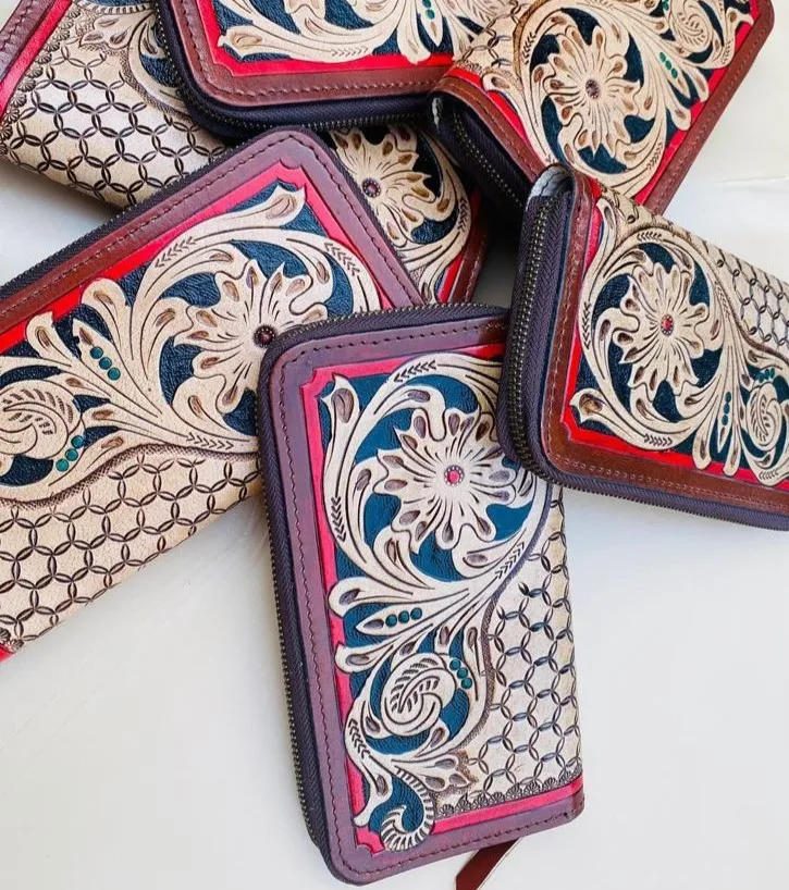 Hand tooled Carved Embroidery Embossed Ladies Women Full Grain Leather Clutch Wallet Mobile Case Cowgirl Western Export India