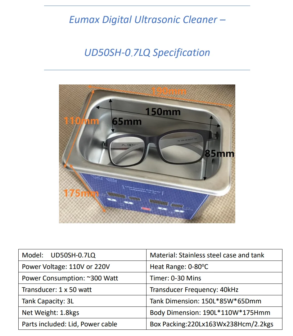 Eumax высокое качество низкий уровень шума сенсорные клавиши большой светодиодный дисплей Нержавеющая сталь 304 бак 40 кГц/50 Вт преобразователь 0.7L ультразвуковой очиститель