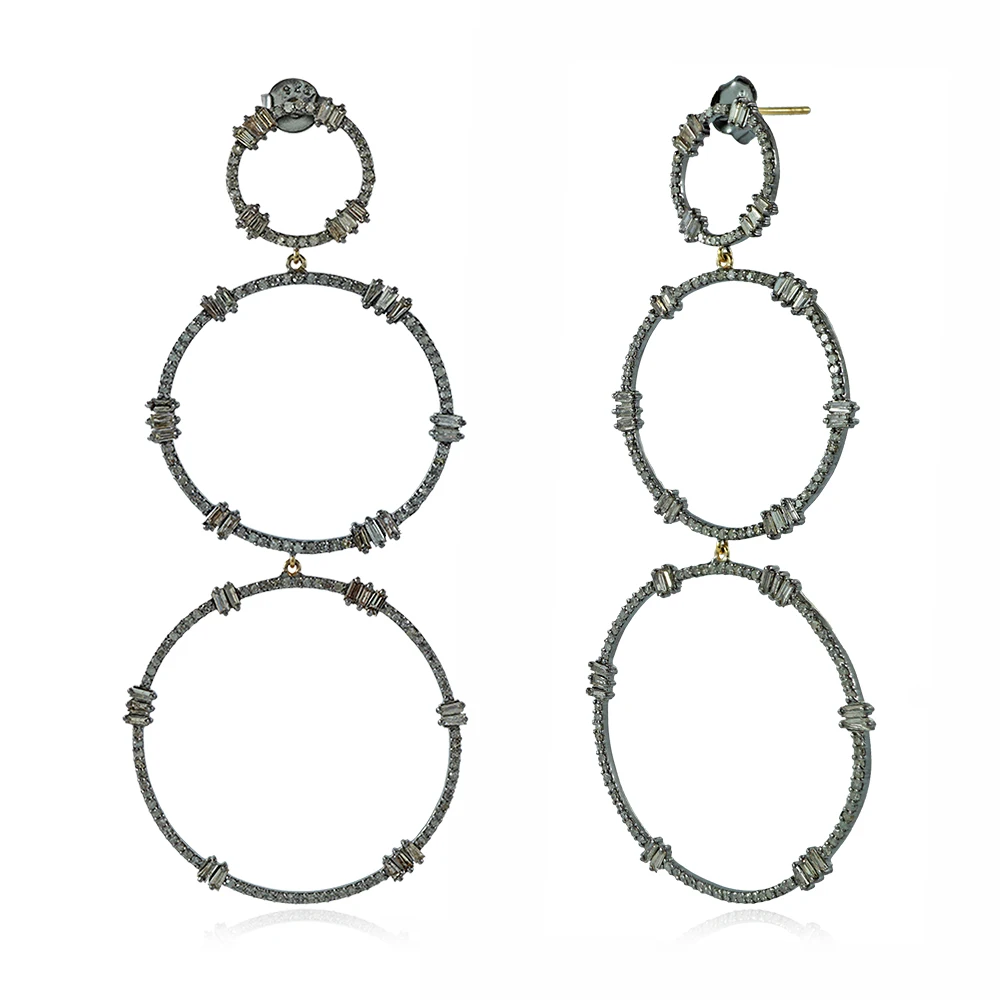 New Design Three Circle Oxidized 925 Silver 14Kt Gold Dangle Drop Diamond Earrings Jewelry Push Back Jewelry