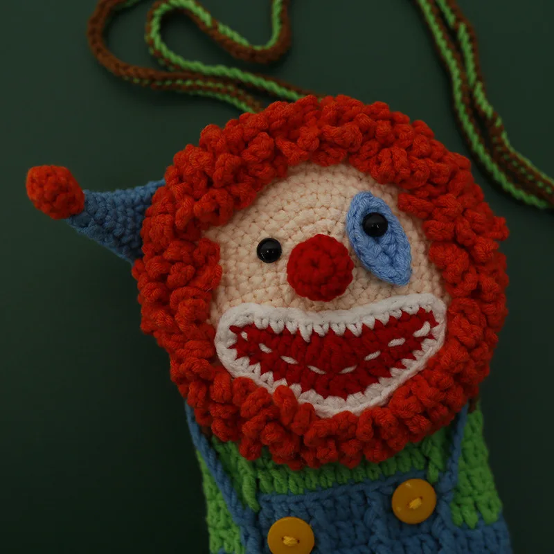 Crochet Clown Phone Case Shoulder Bag Crochet Woven Handbag Hand Knitted Animal Phone Holder Bag Purse Handbag for Sale