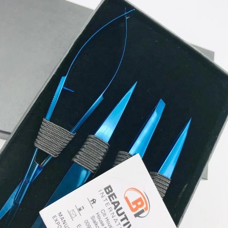 Brow Tweezer Blue Plasma Cosmetic Tweezers Wholesale Stainless Steel Slanted Pointed Eyebrow Tweezers Scissors set