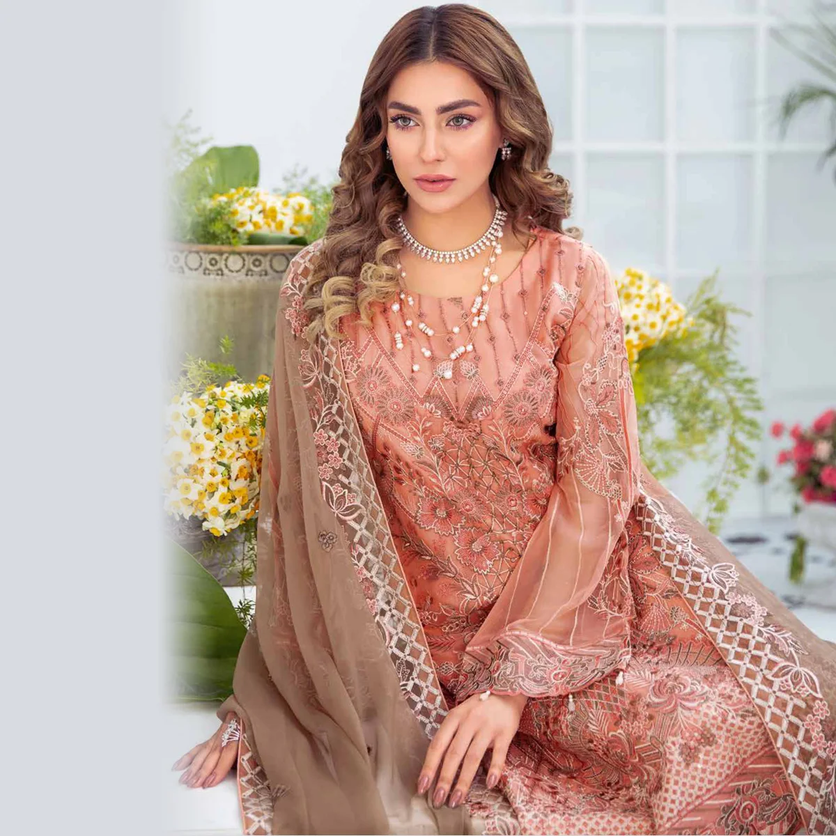 Wholesale indian Pakistani women wedding dresses In Peach Over Heavy Embroidery In Front and Dupatta in Chiffon Fabric