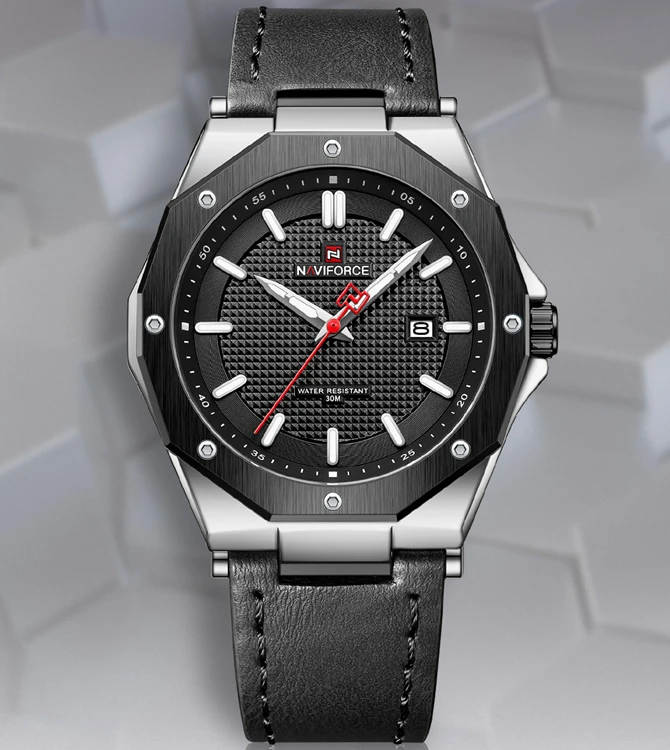 NAVIFORCE 9200L Top Brand Mens Dodecagon Luminous Sports Watch Vegan Leather Watch