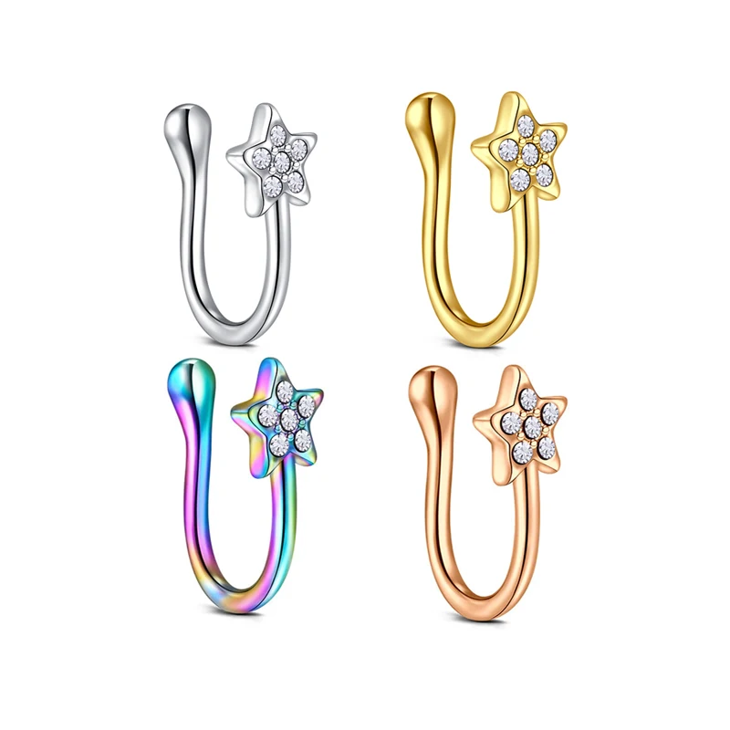 Rhinestone Star Decor Nose Cuff Copper Popular Piercing Body Jewelry Gift For Women Men Faux Nose Ring