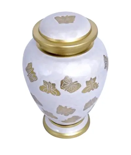 White Funeral Cremation Urn with Gold Butterflies Mariposas Model in Brass for Human Ashes