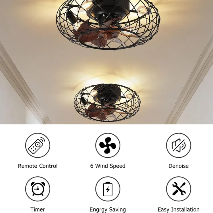 Indoor Low Profile Rustic Fan Light Small Flush Mount Industrial Black Iron Reversible Caged Flush Mount Ceiling Fan with Light