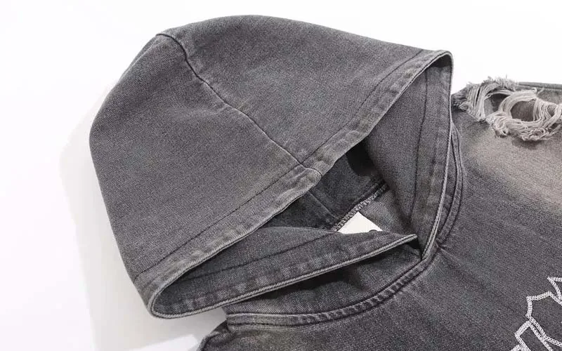 Custom Streetwear Ripped Embroidery Letter Distress Denim Jacket Hoodie Drop Shoulder Vintage Washed Denim Tears Hoodie For Men