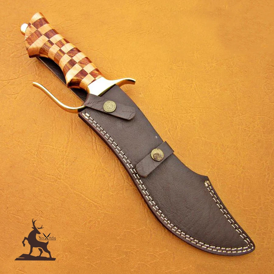 Custom handmade Damascus Hunting knife with brass guard and wood handle with leather sheath