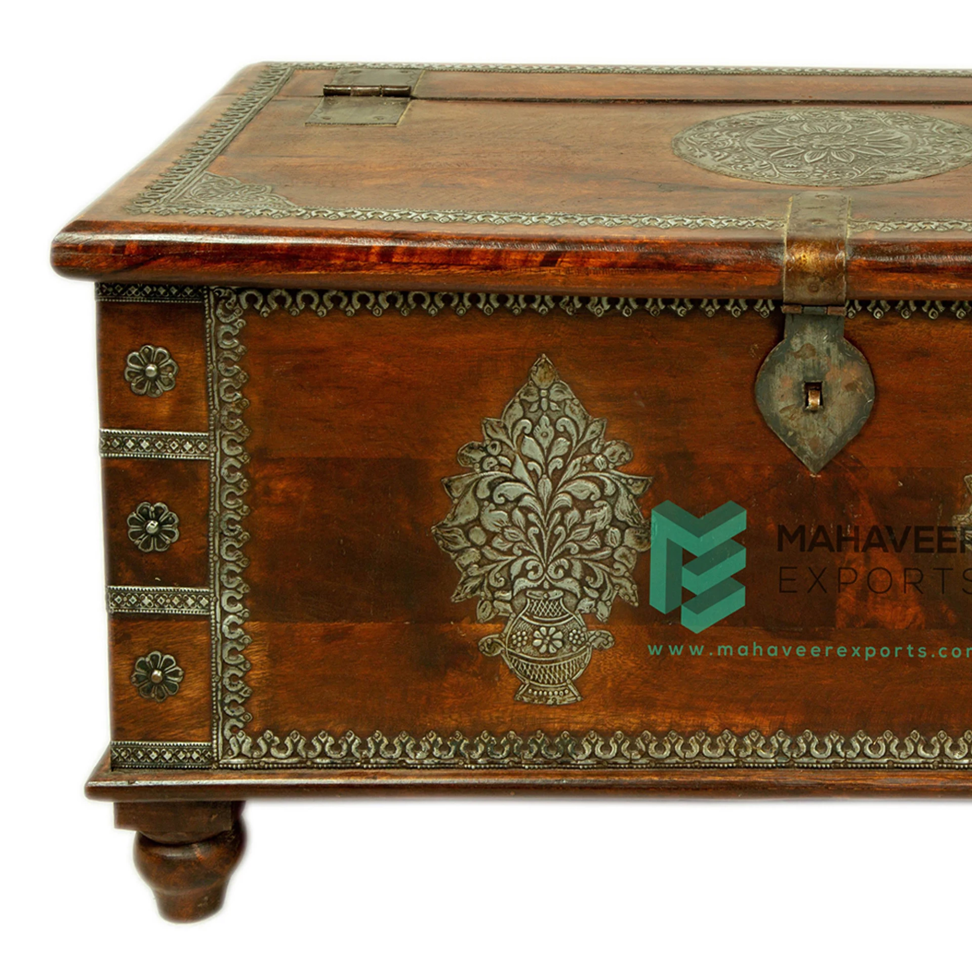 Wooden Iron Fitted Storage Chest Box Cum Coffee Table Box In Dark Brown Finish For Living Room / Bedroom Multi-Utility Furniture