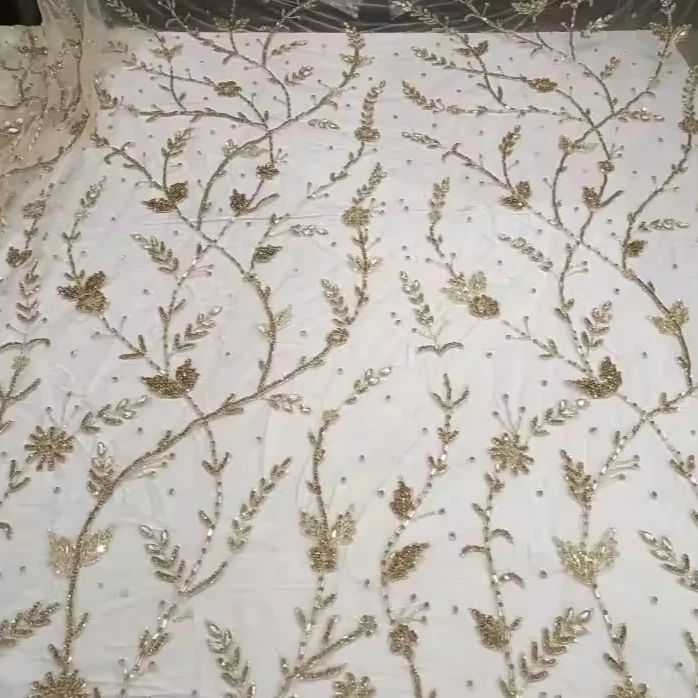 Best Price 100% Polyester Luxury Beaded Fabric with Zircon Handmade Indian Supplier Garments Making Woven and Mesh Pattern