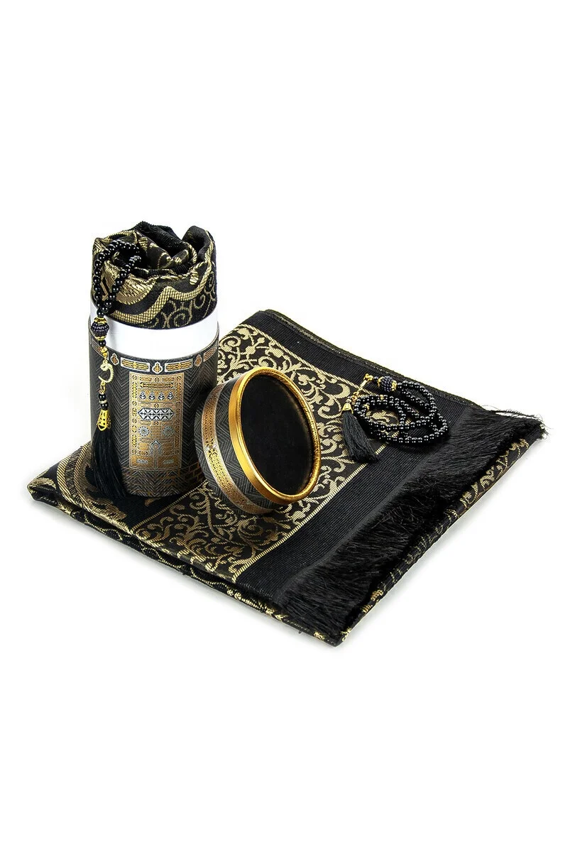 Qaba Special Cylinder Boxed Prayer Rug Set Islamic Gifts Set Prayers Mat Black Classic Wedding Gifts Machine Made 10 Pcs