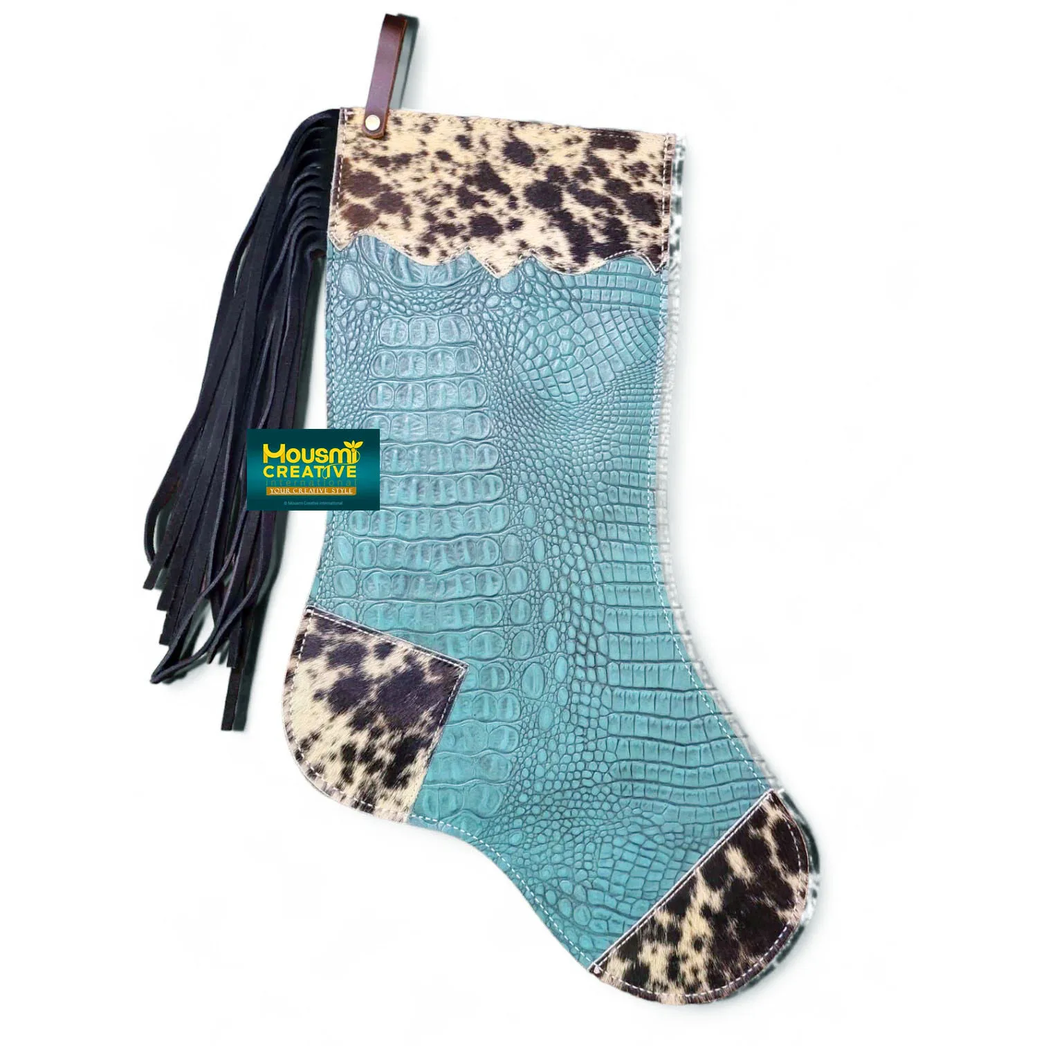 Christmas Eve Decoration Alligator Skin Textured Cowhide Exotic Leather Fringe Decorated Multiple Colours at Store OEM on Demand