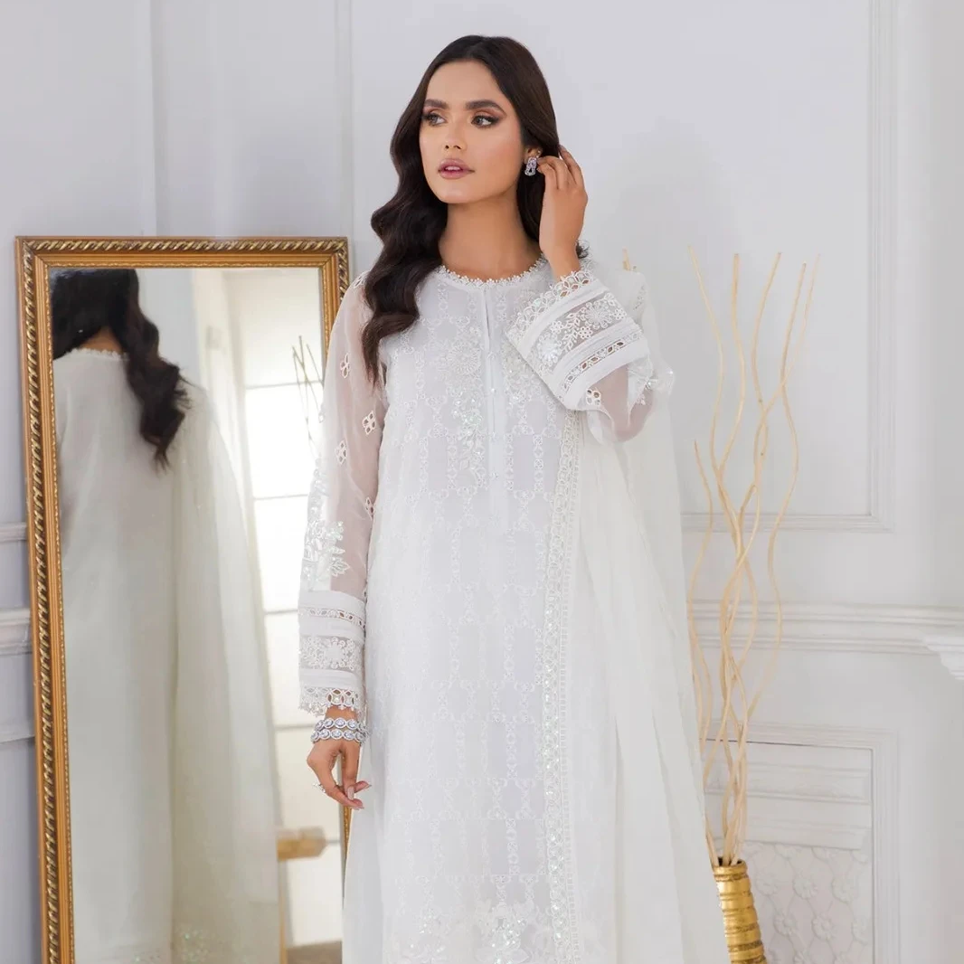 SSUMAIRA COLLECTION 3 Piece Stitched Embroidered & Hand Embellished Chiffon Shirt with Dupatta & dyed Raw Trouser Cotton Dresses