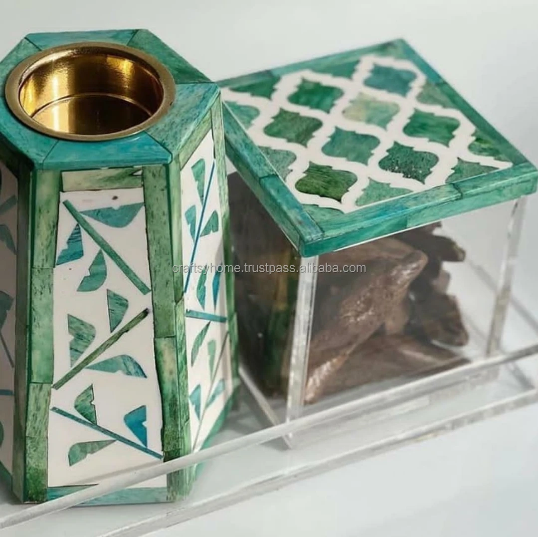 Hot Selling Full Tray Incense Burner Set Wood Acrylic Bakhoor Burner with Box at Very Cheap Price with Bone Inlay for Table