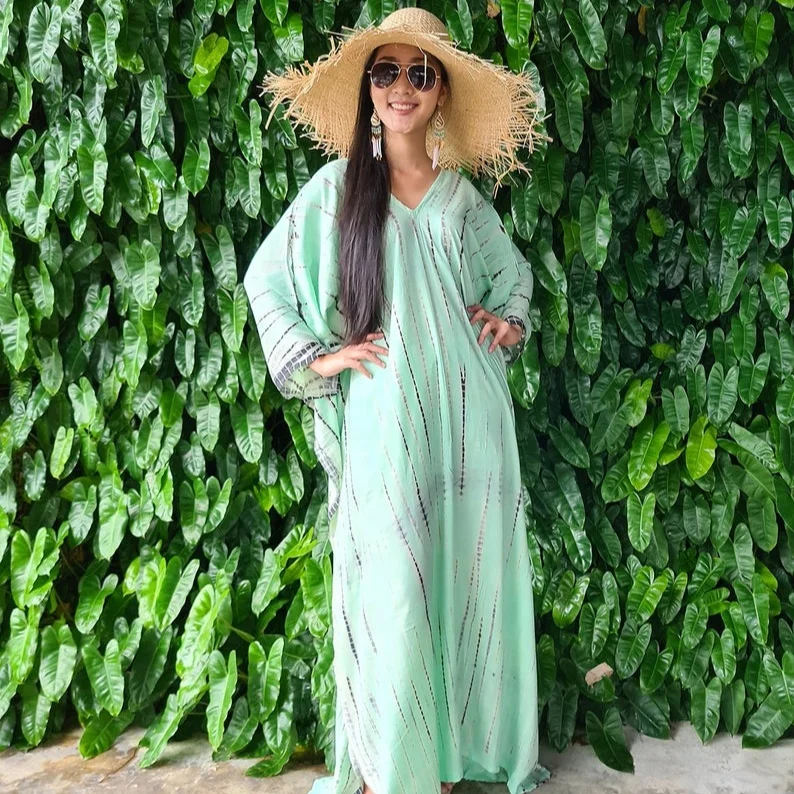 Indian Tie And Dye Hand Printed Sexy Sling Full Sleeves Woman Kaftan Butterfly Style Beachwear Bikini Cover Up Dress For Summer