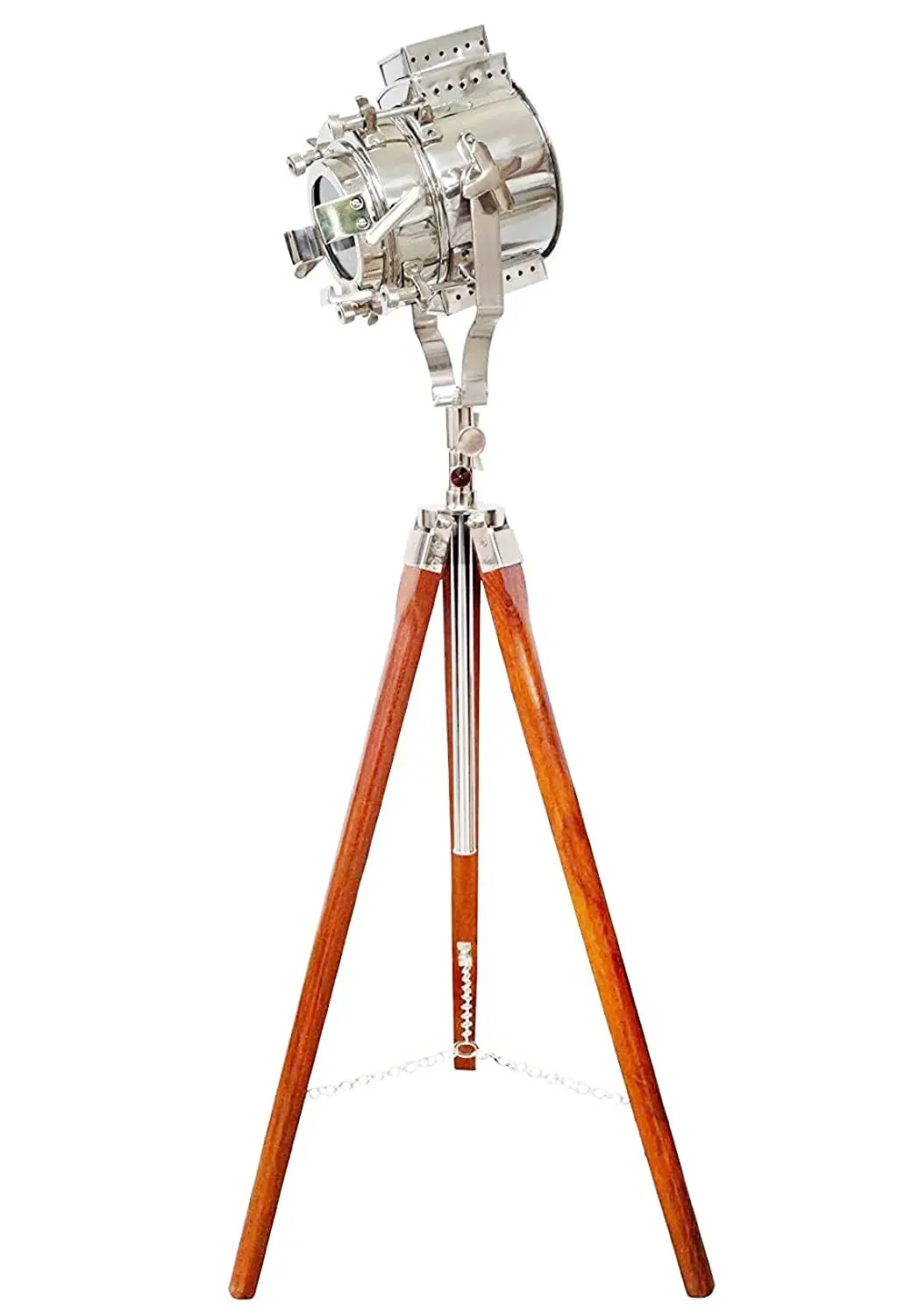 Modern Hollywood Searchlight Floor Lamp with Chrome Nickel Spotlight and Wooden Tripod Stand Large for Living Room