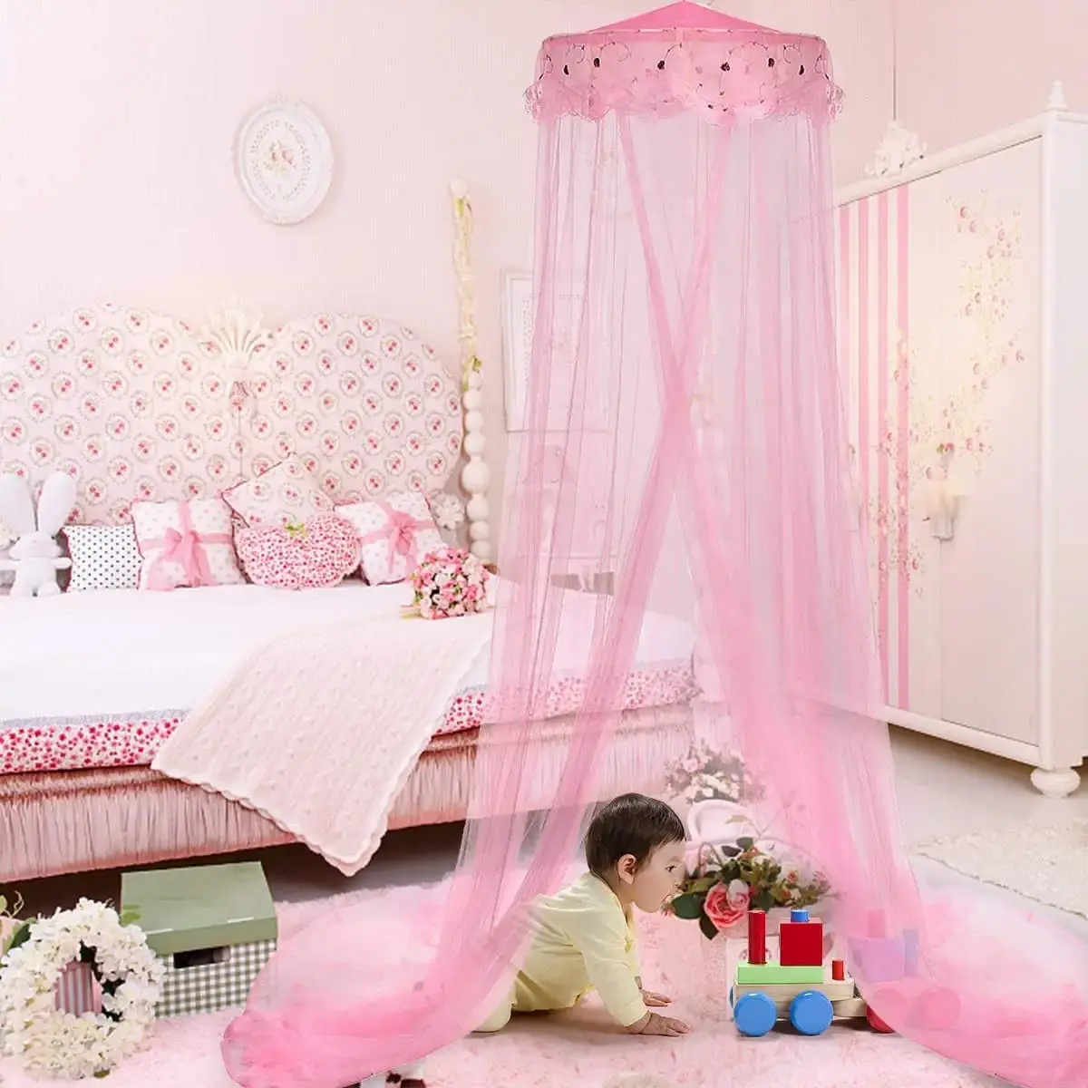 Princess Pink Mosquito Mesh Net for Bed Large Dome Hanging Bed Canopy for Girls with Round Lace  for Punch-free Installation