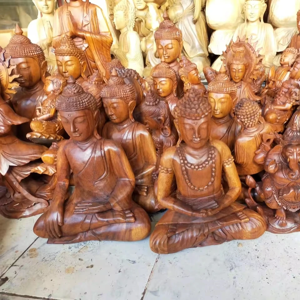 Polished Wooden Buddha Bali Religious Buddhist Sculpture Intricate Engraving Home Art Gift Crafted Decorative Sign Boxed Crafts