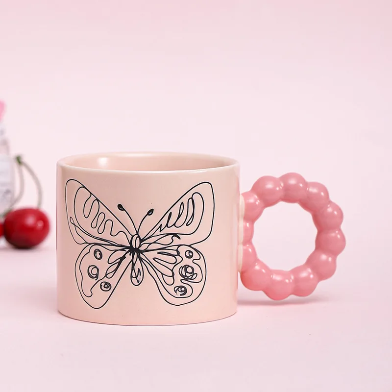 300ml Creative Nordic Ceramic Butterfly Pattern Mug Coffee Milk Cup for Girls Couples Pearl Ball Handle Gift Packaging Box