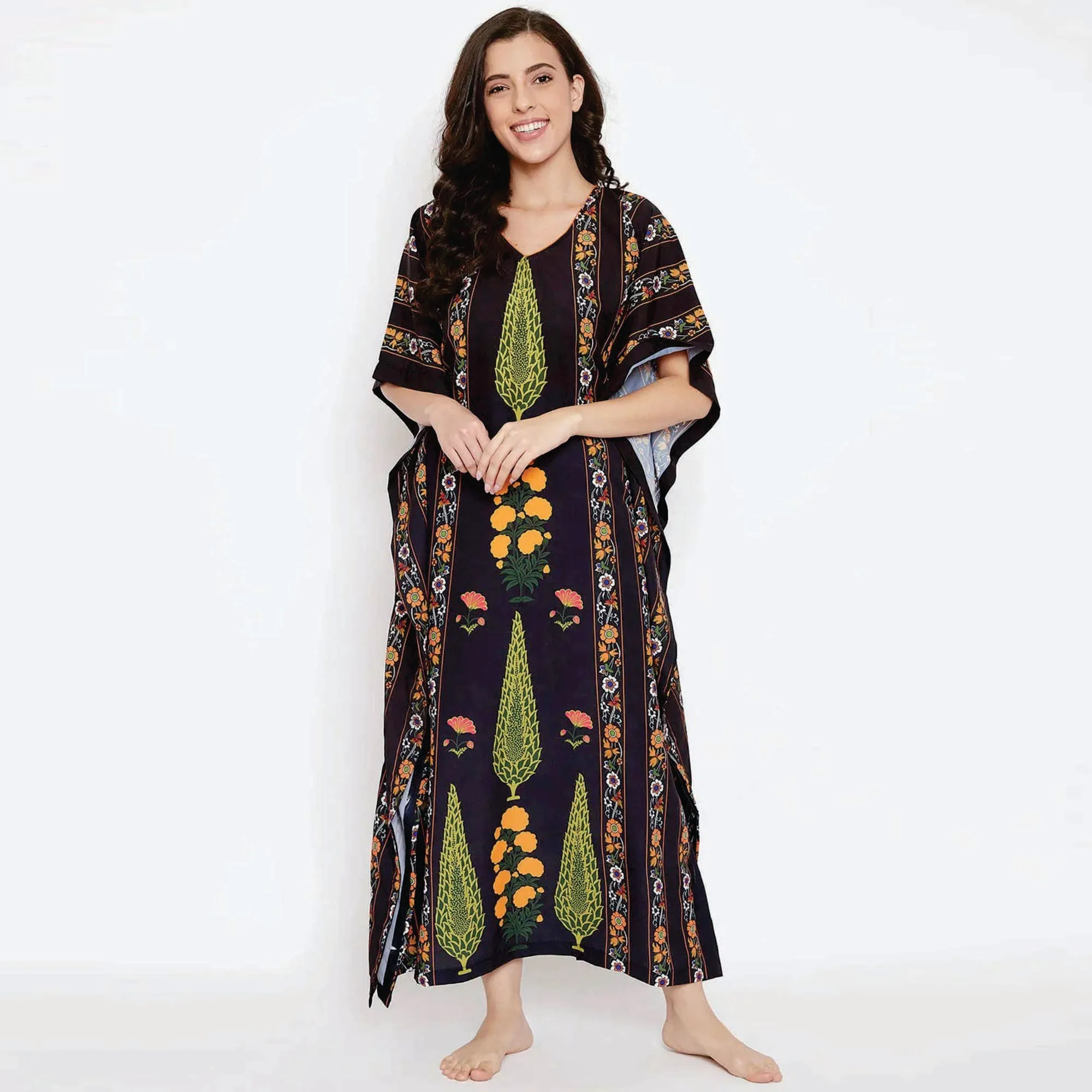 Slim Fit Polyester Crape Round Neck with Tie Up Black Ornamental Stripes Maxi Length Kaftan