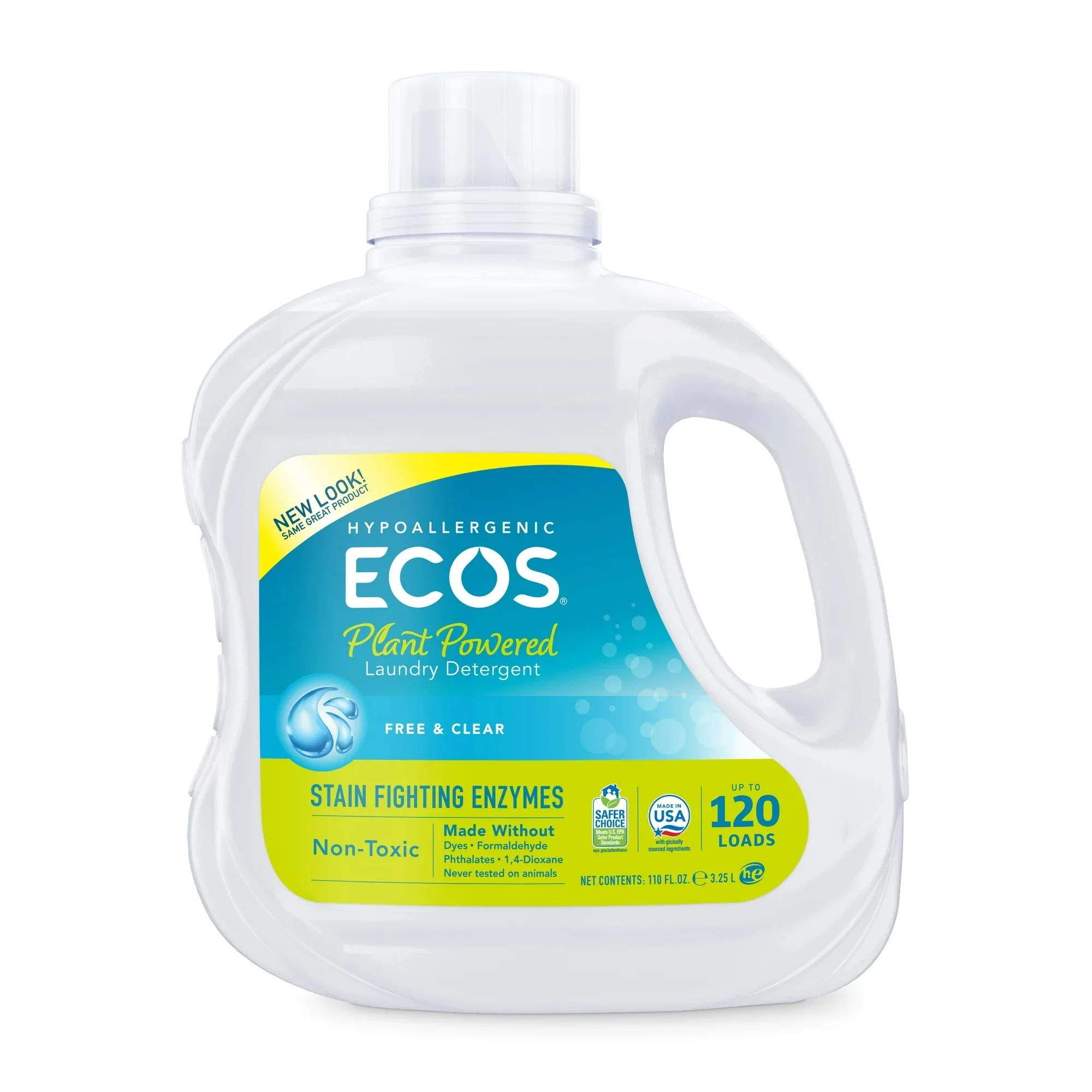 ECOS Plant Powered Liquid Laundry Detergent with Stain-Fighting Enzymes, Free & Clear, 120 Loads, 110 Ounce, Hypoallergenic for