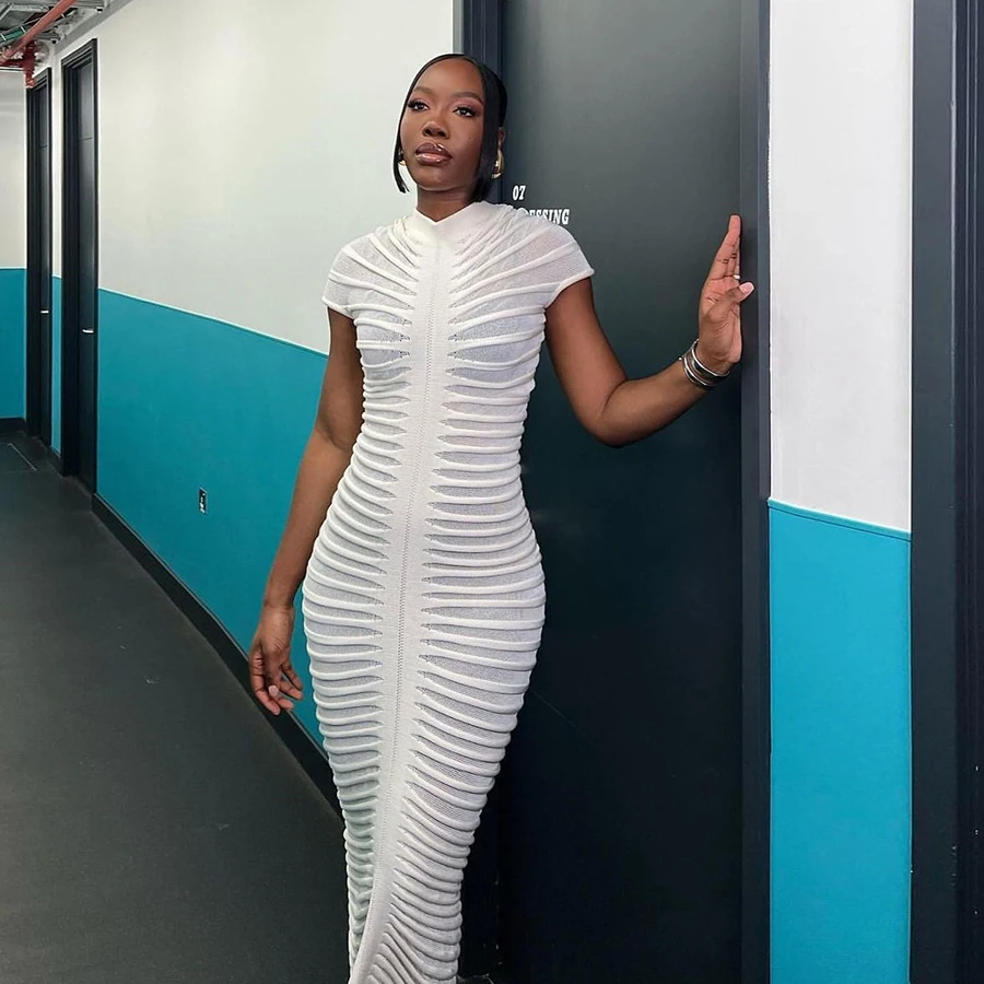 Kliou W23D34607 Summer Women Knitted Maxi Dress Hipster Striped Ruched Short Sleeve Sheer Body-shaping Slim Dress