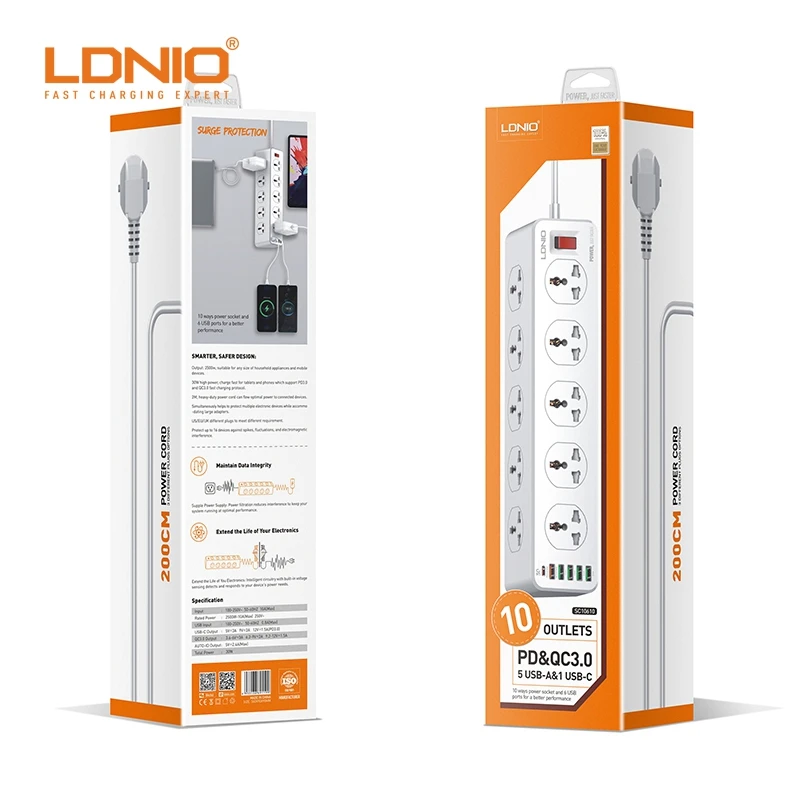Универсальный удлинитель питания LDNIO SC10610 10 разъемов 4USB 2500 Вт