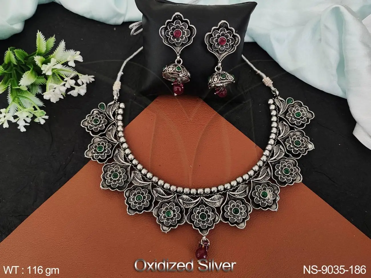 Fashion Jewelry Beautiful Fancy Full Stones Oxidized Silver Polish Party Wear Designer Wear Jewelry Oxidized Short Necklace Set