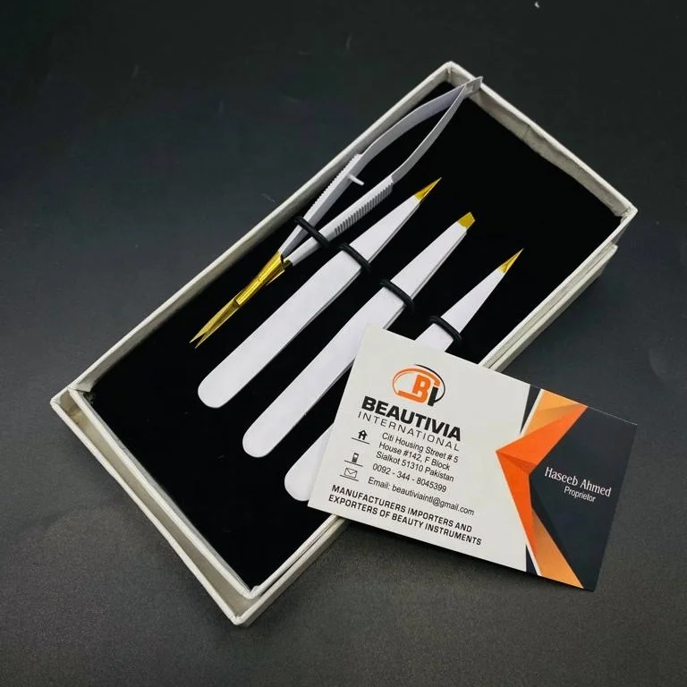 White Powder Coated Gold Tip Brow Tweezer Solid Slanted Stainless Steel Eyebrow Tweezers With Spring Scissor