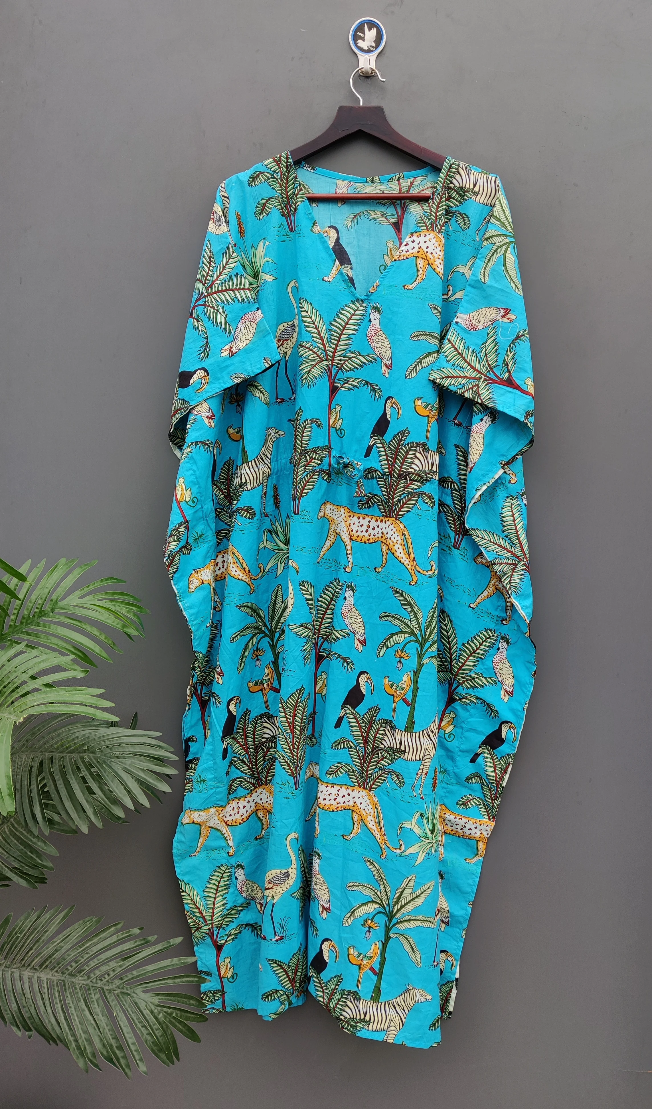Turquoise Beautiful Cotton Jungle Printed Kaftan Women Fashion Light Weight Night Wear Hand Made Bikini Wrap Up Summer Dress