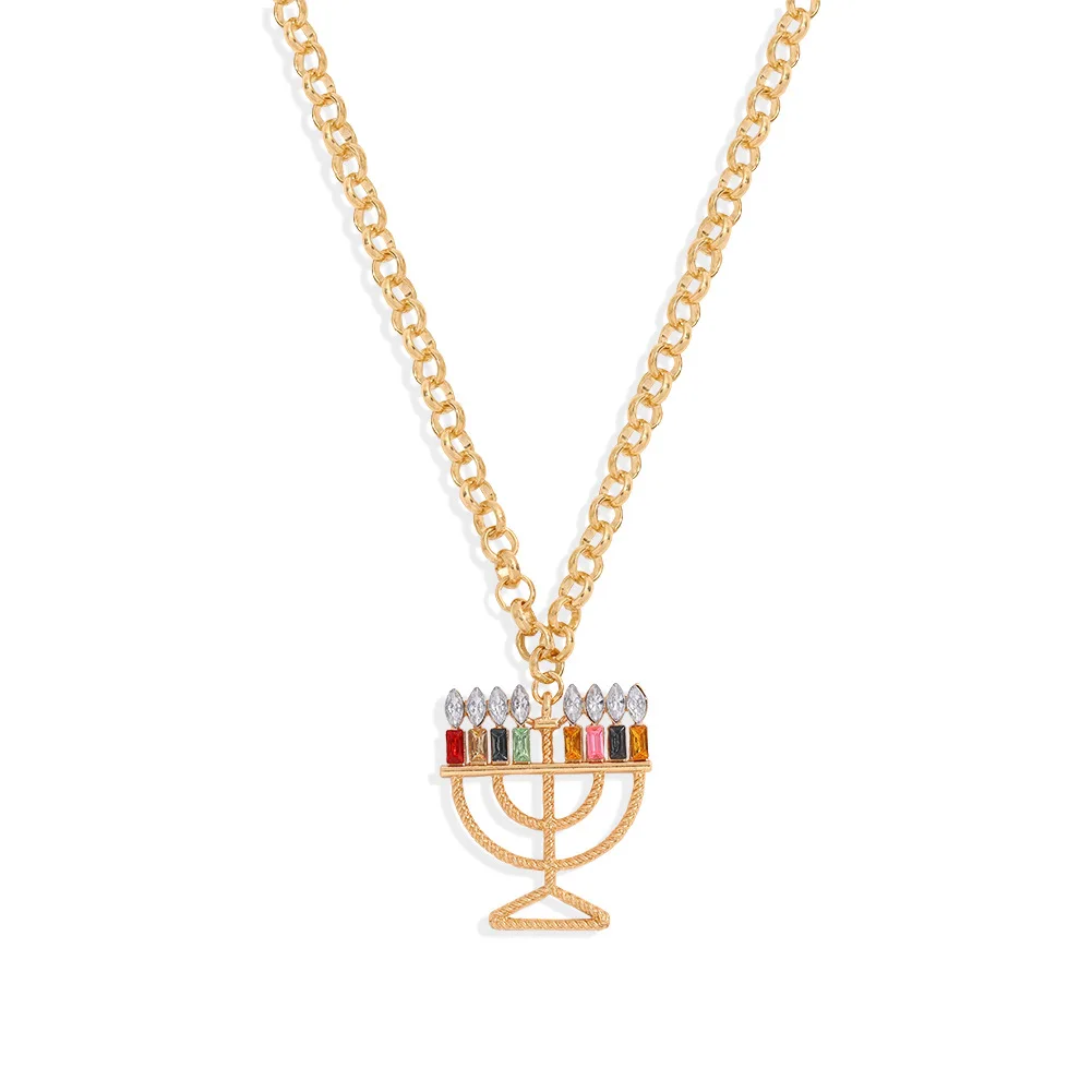 Модный металлический подсвечник hanukka Menorah со стразами кулон ожерелье украшения из Израиля религиозная цепочка