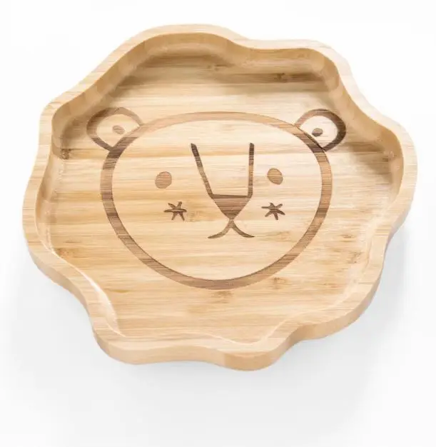 Reusable Bamboo Feeding Set 100% Eco-Friendly  Animal Shape Wooden Plate with Spoon and Fork