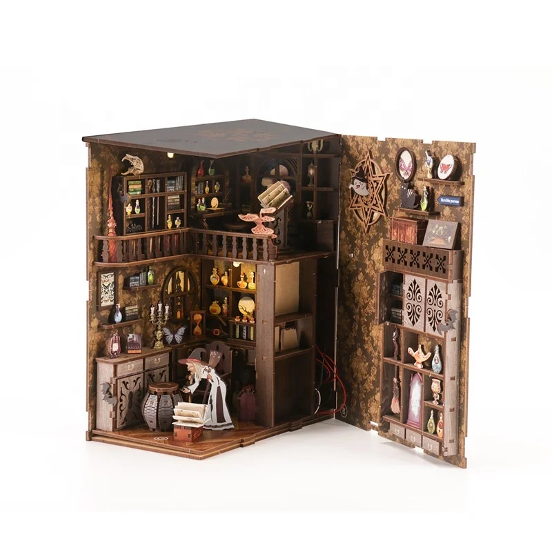 Best style wood puzzle toy book nook dollhouse library magic Christmas gift 3D puzzle wooden diy house miniature book nook