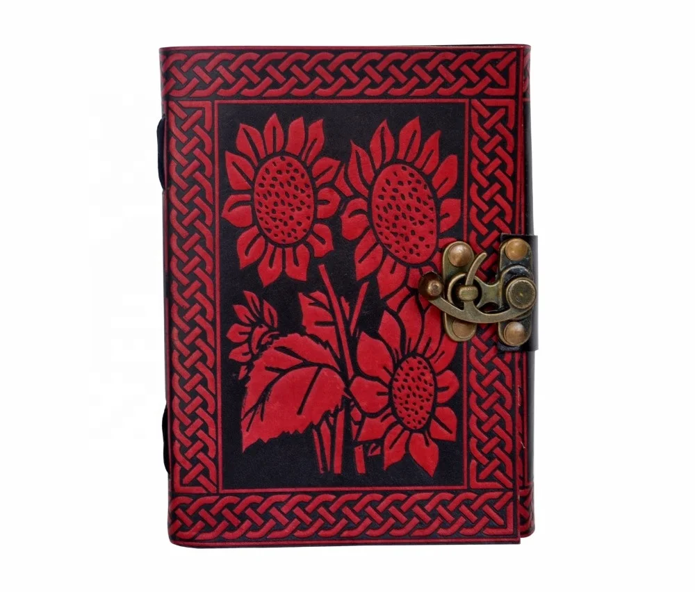 Red Sunflower Embossed Handmade Genuine Leather Journal 120 White Paper A5 Notebook School Supplies Diary With Antique C Lock