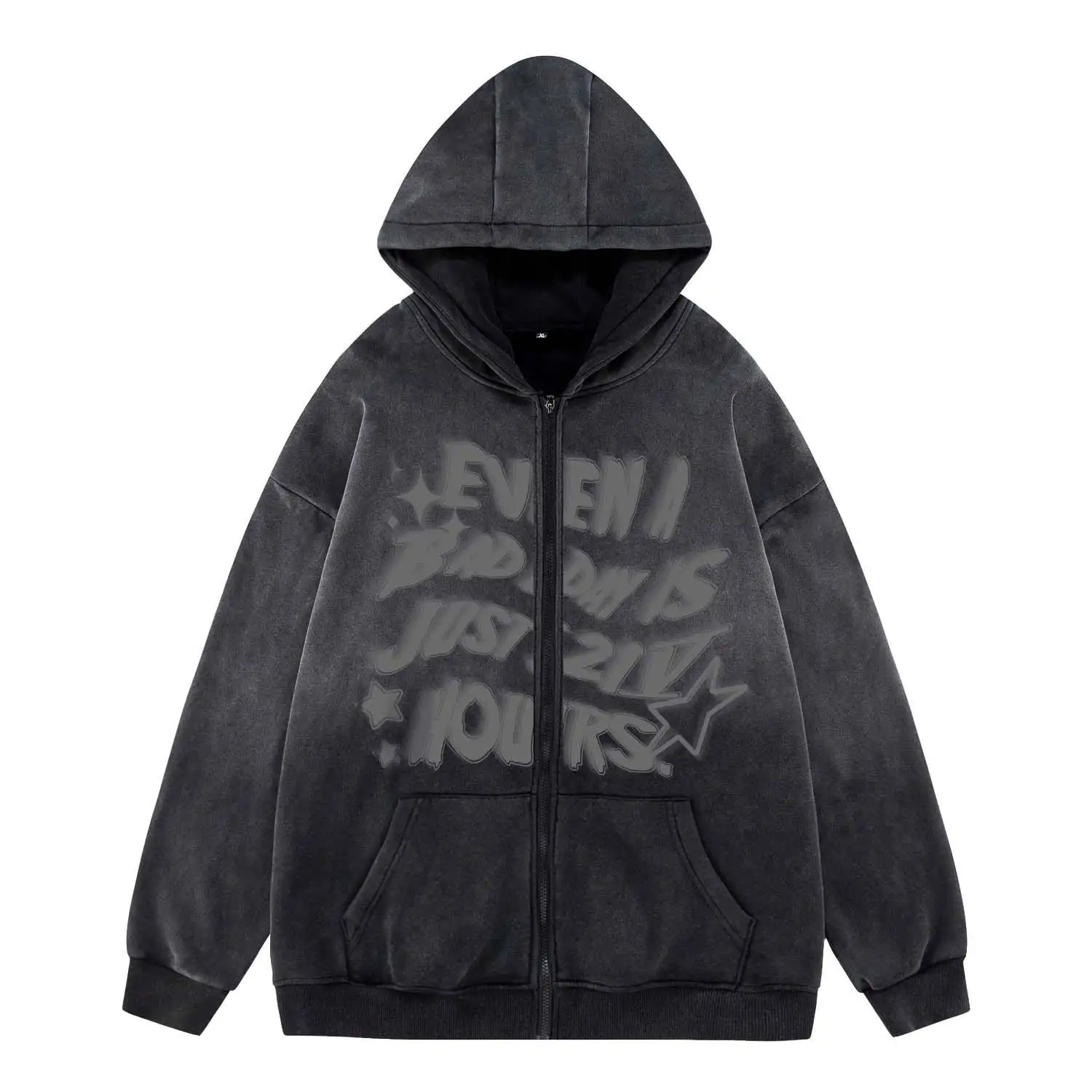 Mens Hoodie Oversized Heavyweight Cotton Sweatshirt With 3D Puff Printing Zip Up Acid Wash Zipper