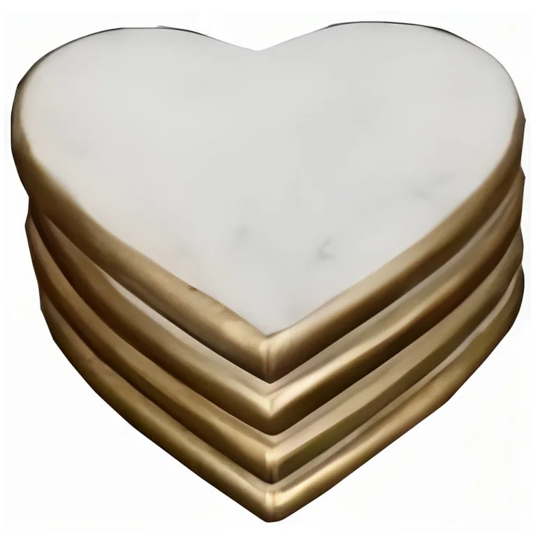 Marble Coaster Design With Metal Inlay Brass Leaf Branch Pattern Heart Shape White Marble Coaster For Kitchen Countertop