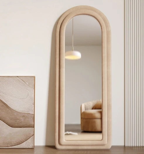 Factory direct BSCI cute 60x160cm beige teddy fleece fabric MDF wood wall floor home decoration mirror