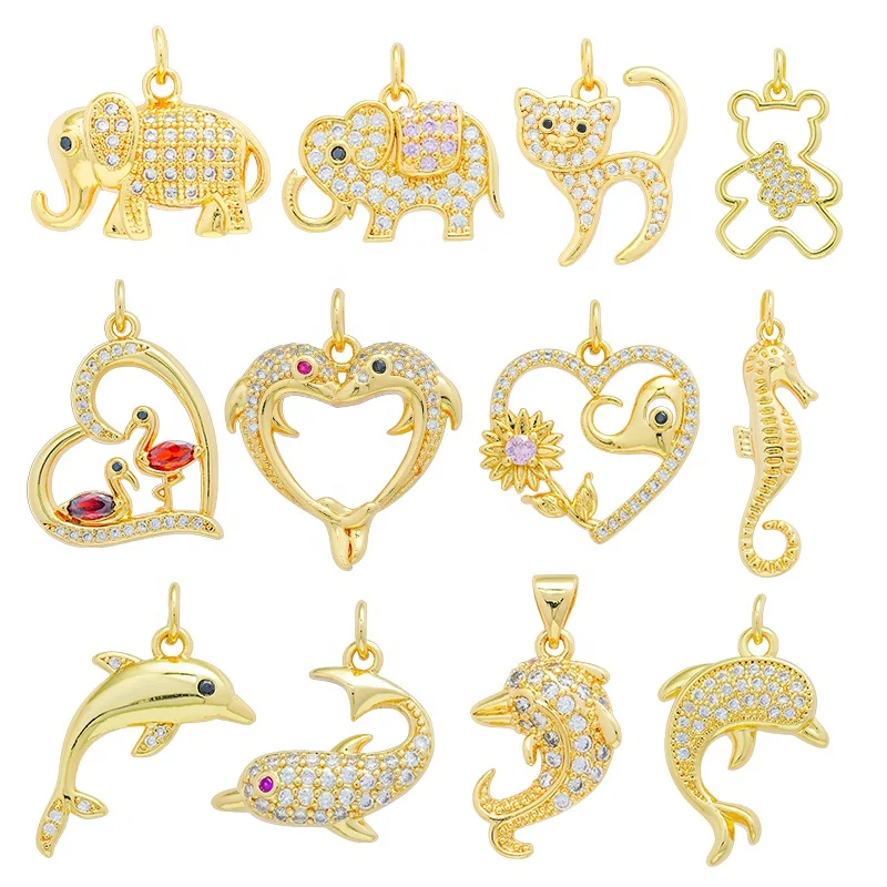 Aquatic Creatures Necklace Charm Colored Zirconia Animal Pendant Brass Elephant Cat Dolphin Pendants For Necklace Jewelry Making