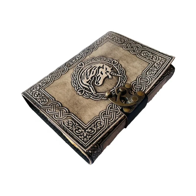 Unicorn genuine Leather Embossed Journal with Deckle edge vintage blank Paper Notebook with lock scrap book sketch note books
